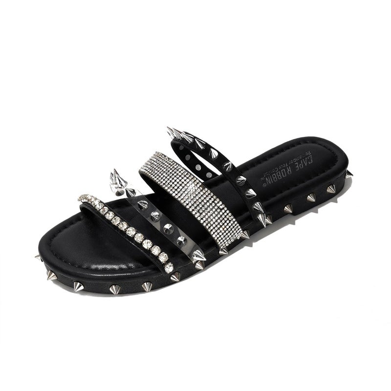 Cape Robbin Women's Slide Sandals Spiked Flat Slides, Summer 2025 Comfortable Slip-On Beach Shoes with PU Leather Sole (Xtreme) - Black Size 9 - Image 1